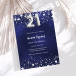 Invitación 21 años estrellas de plata azul marino<br><div class="desc">Una invitación moderna,  elegante y glamurosa para un fiesta de 21 años. Un fondo azul marino,  decorado con estrellas de imitación plateadas. El color azul es desigual. Personalice y agregue su nombre y detalles del fiesta. El número 21 se escribe con un tipo de letra de estilo globo.</div>