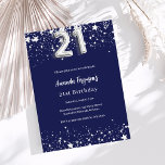 Invitación 21 años estrellas de plata azul marino<br><div class="desc">Una invitación moderna,  elegante y glamurosa para un fiesta de 21 años. Un fondo azul marino,  decorado con estrellas de imitación plateadas. Personalice y agregue su nombre y detalles del fiesta. El número 21 se escribe con un tipo de letra de estilo globo.</div>