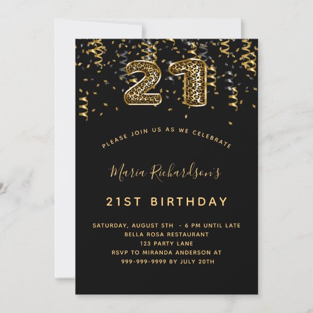 Invitación 21 años negro de oro leopardo patrón confetti (Anverso)