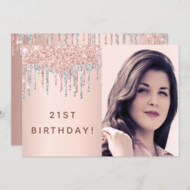 Invitación 21 años rosa purpurina de oro foto color rosa plat