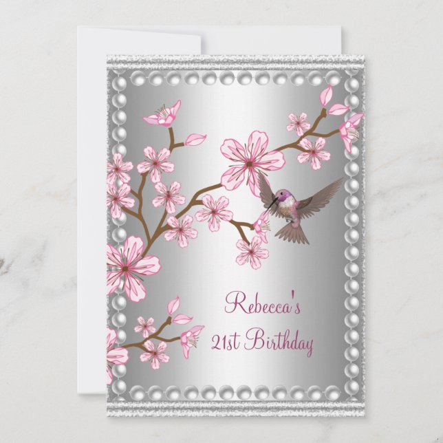 Invitación 21 Ave de Flor de Perla Rosa Asiática de Cumpleaño (Anverso)