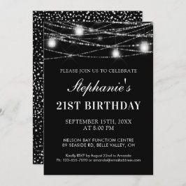 Invitación 21° Birthday String Lights Jars Black White