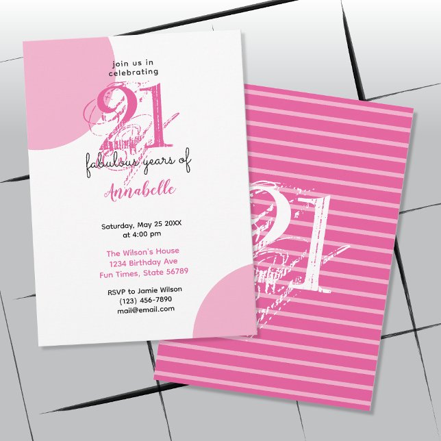 Invitación 21 cumpleaños 21 años fabulosos Tipografía PINK (Front and Back Display of Invitation)