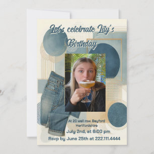 Invitación 21 cumpleaños Almond flor crema azul