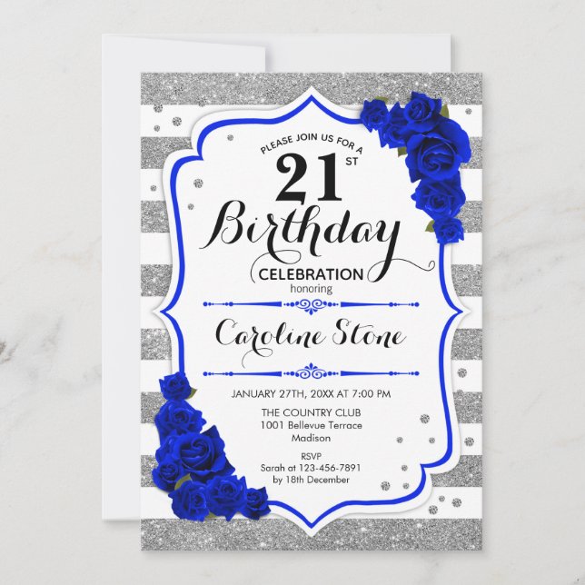 Invitación 21 cumpleaños - Bandas blancas reales de plata azu (Anverso)