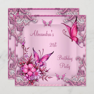 Invitación 21 cumpleaños Bonito Plata de mariposa floral rosa