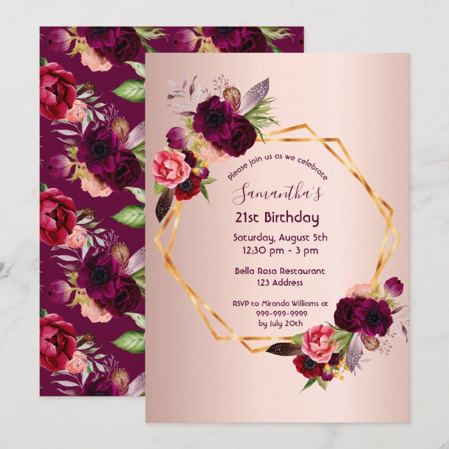 Invitación 21 cumpleaños burgundy florals rosa geométrico de  (Anverso / Reverso)