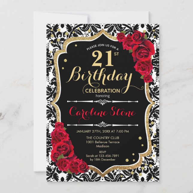 Invitación 21 cumpleaños - Damasco negro de oro de rosas roja (Anverso)