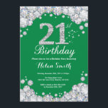 Invitación 21 cumpleaños Diamante Verde y Plata<br><div class="desc">Invitación al cumpleaños 21. Diamante Diamante de imitación verde y plateado. Elegante invitación de Bash de cumpleaños. Cumpleaños de adultos. Cumpleaños de las mujeres. Cumpleaños de los hombres. Para una mayor personalización,  haga clic en el botón "Personalizar" y utilice nuestra herramienta de diseño para modificar esta plantilla.</div>