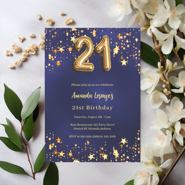Invitación 21° cumpleaños estrellas de oro azul marino (Subido por el creador)