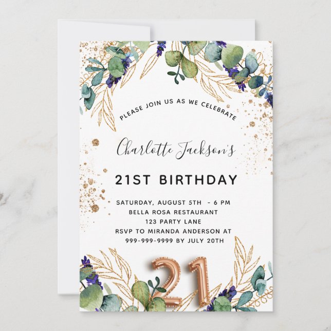 Invitación 21 cumpleaños eucalipto verde purpurina elegante (Anverso)