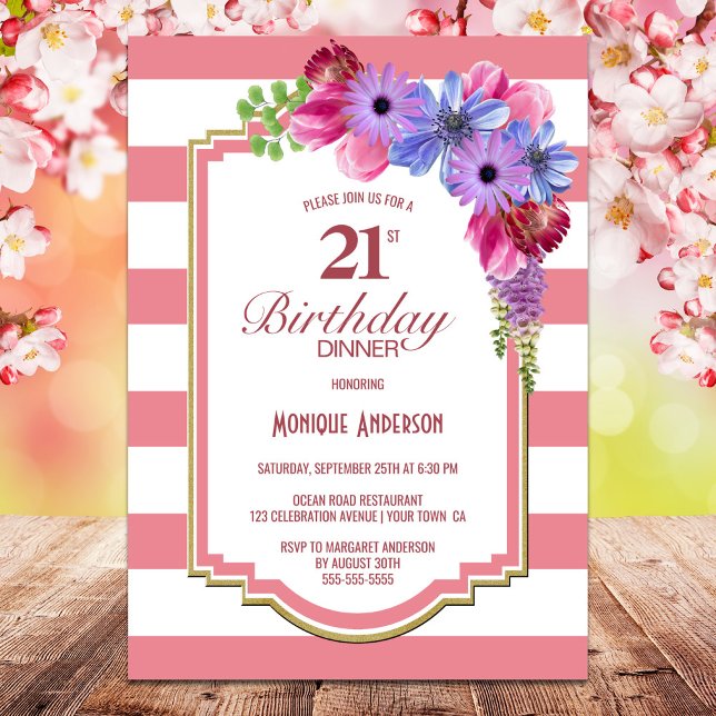 Invitación 21 cumpleaños Fiesta de cena floral rosada a rayas (Subido por el creador)