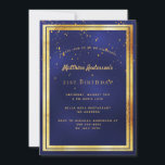 Invitación 21 cumpleaños fiesta dorado azul confetti rociar<br><div class="desc">Una moderna y moderna tarjeta de invitación para la fiesta de cumpleaños 21 para hombres, hombres y hombres. Un fondo azul oscuro, azul marino. El color azul es desigual. Con un marco de oro falso y un confetti dorado rociado, letras de colores dorados. Plantillas para la información de su fiesta....</div>