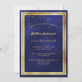 Invitación 21 cumpleaños fiesta dorado azul confetti rociar