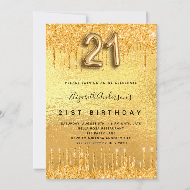 Invitación 21 cumpleaños fiesta goteo de purpurina de oro (Anverso)