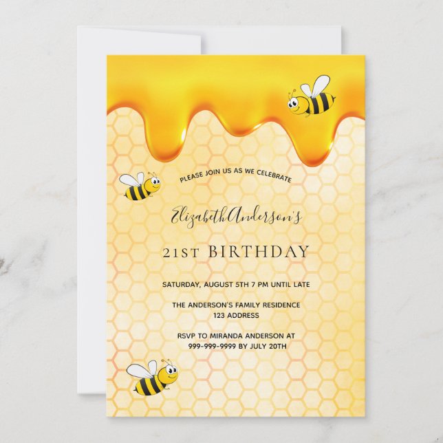 Invitación 21 cumpleaños fiesta honeycomb hermosas abejas (Anverso)