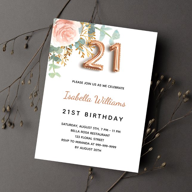 Invitación 21 cumpleaños floral rosa oro eucalipto verde (Subido por el creador)