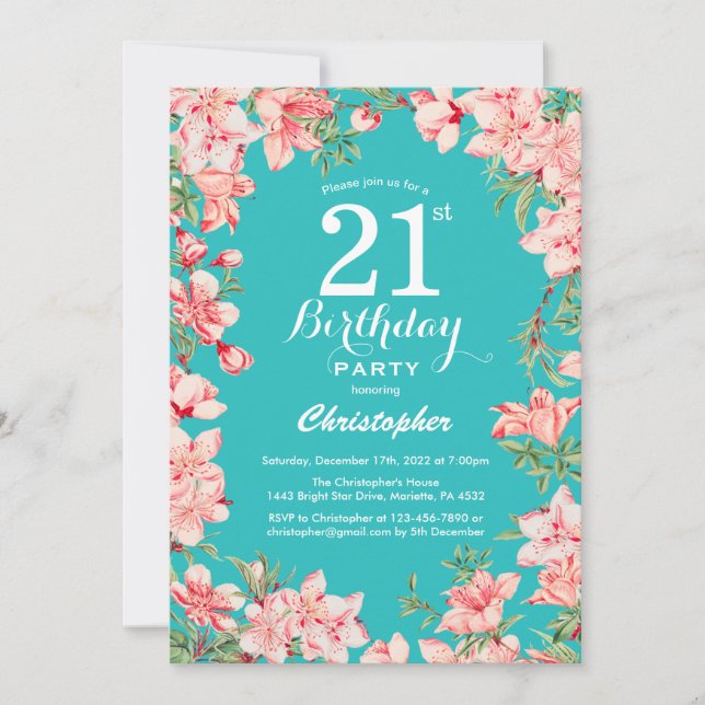 Invitación 21 cumpleaños Flores florales rosas fondo Verde az (Anverso)