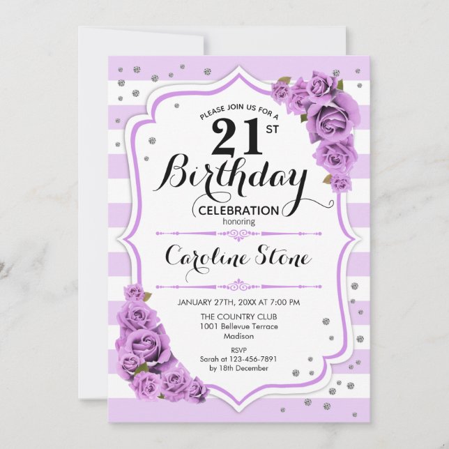 Invitación 21 cumpleaños - Flores moradas blancas de lavanda (Anverso)