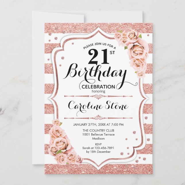 Invitación 21 cumpleaños - franjas blancas de oro Rosa (Anverso)