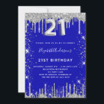Invitación 21° cumpleaños glamur real purpurina de plata azul<br><div class="desc">Una invitación moderna,  elegante y glamurosa para un fiesta de 21 años. Un fondo azul real,  decorado con un polvo falso purpurina plateado. Personalice y agregue su nombre y detalles del fiesta. El número 21 se escribe con un tipo de letra,  guión.</div>