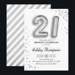 Invitación 21° cumpleaños - Globos plateados<br><div class="desc">Invitación a la fiesta de cumpleaños 21. Diseño elegante en una falsa plata purpurina. La tarjeta de invitación contiene 21 globos plateados y fuente de guión. Perfecto para una elegante celebración de cumpleaños. Mándame un mensaje si necesitas edad personalizado.</div>