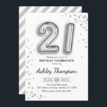 Invitación 21° cumpleaños - Globos plateados<br><div class="desc">Invitación a la fiesta de cumpleaños 21. Diseño elegante en una falsa plata purpurina. La tarjeta de invitación contiene 21 globos plateados y fuente de guión. Perfecto para una elegante celebración de cumpleaños. Mándame un mensaje si necesitas edad personalizado.</div>