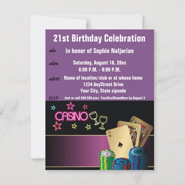 Invitación 21 cumpleaños Las Vegas o Casino (Anverso)