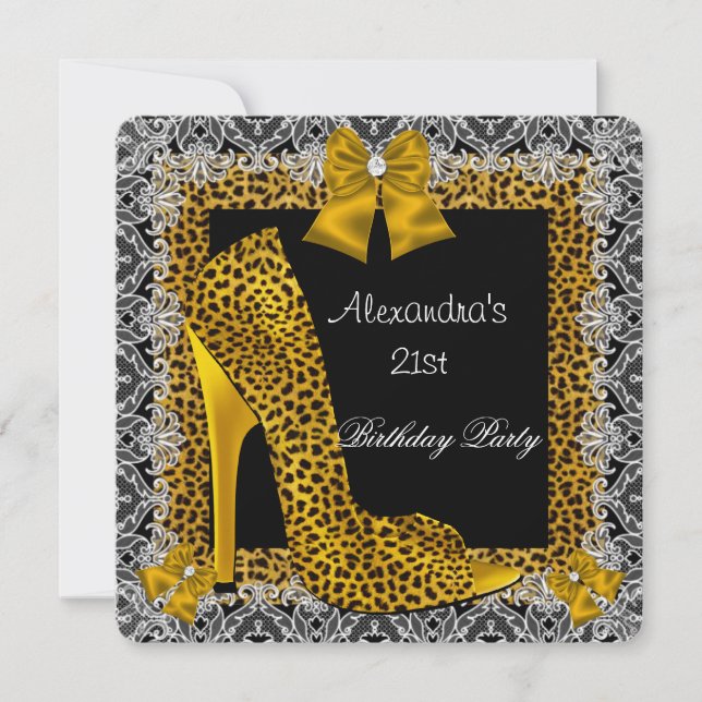 Invitación 21 cumpleaños Leopard Gold High Heel Shoe Lace 2 (Anverso)