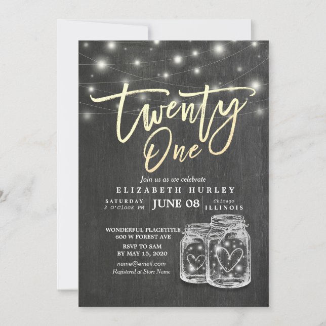 Invitación 21 cumpleaños Mason Jars String Lights Chalkboard (Anverso)
