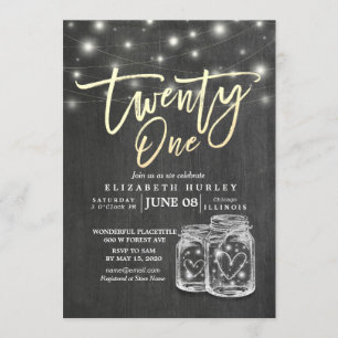 Invitación 21 cumpleaños Mason Jars String Lights Chalkboard