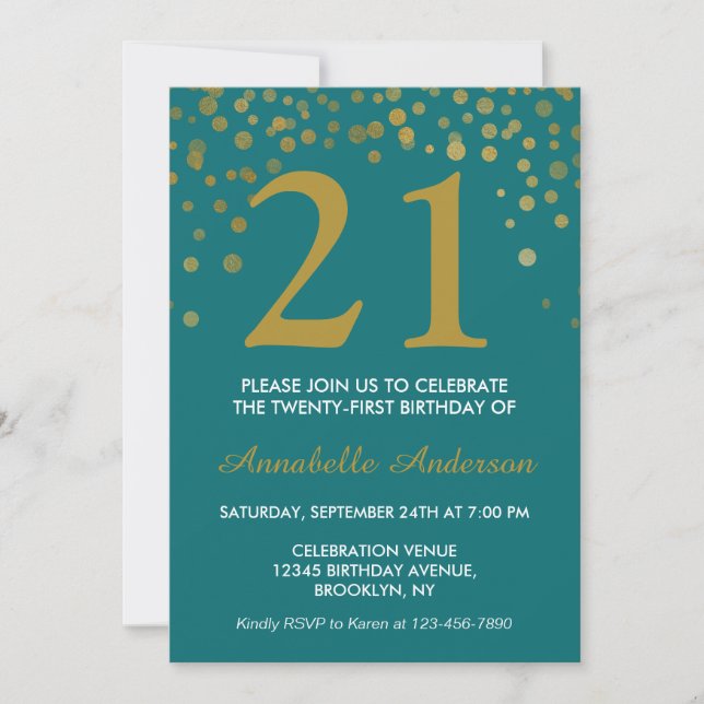 Invitación 21 cumpleaños Moda de oro Verde azulado Confetti D (Anverso)