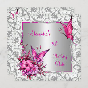 Invitación 21 cumpleaños Moral Floral rosa Mariposa Plata Bla