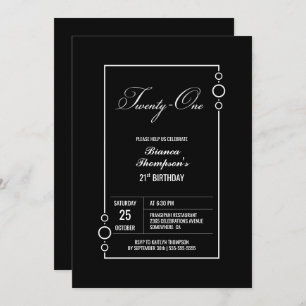 Invitación 21° cumpleaños negro con Fiesta de marco blanco