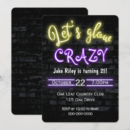 Invitación 21 cumpleaños Neon Glow Rótulo en la pared de ladr