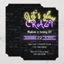 Invitación 21 cumpleaños Neon Glow Rótulo en la pared de ladr