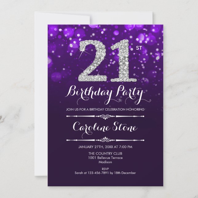 Invitación 21° cumpleaños - Plata morada (Anverso)