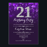 Invitación 21° cumpleaños - Plata morada<br><div class="desc">Invitación al cumpleaños 21. Elegante diseño blanco morado con una falsa plata purpurina. Cumpleaños de adultos. Presenta diamantes y tipos de letra de guión. invitaciones de cumpleaños de hombres o mujeres. Perfecto para una elegante fiesta de cumpleaños. Mándame un mensaje si necesitas más personalización.</div>