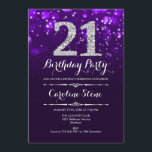 Invitación 21° cumpleaños - Plata morada<br><div class="desc">Invitación al cumpleaños 21. Elegante diseño blanco morado con una falsa plata purpurina. Cumpleaños de adultos. Presenta diamantes y tipos de letra de guión. invitaciones de cumpleaños de hombres o mujeres. Perfecto para una elegante fiesta de cumpleaños. Mándame un mensaje si necesitas más personalización.</div>
