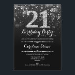 Invitación 21° cumpleaños - Plata negra<br><div class="desc">Invitación al cumpleaños 21. Elegante diseño blanco negro con una falsa plata purpurina. Cumpleaños de adultos. Presenta diamantes y tipos de letra de guión. invitaciones de cumpleaños de hombres o mujeres. Perfecto para una elegante fiesta de cumpleaños. Mándame un mensaje si necesitas más personalización.</div>