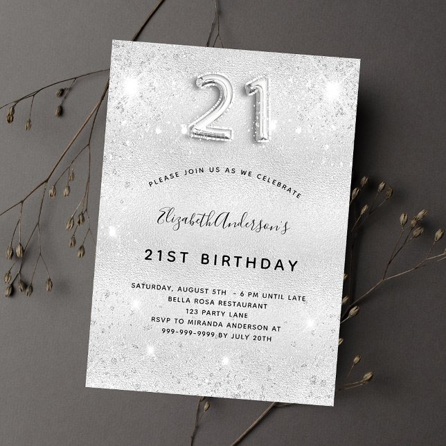 Invitación 21 cumpleaños plata purpurina metalizado glam polv (Subido por el creador)