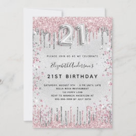 Invitación 21 cumpleaños plata purpurina rosa metalizado polv