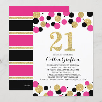 Invitación 21 cumpleaños Purpurina de oro negro y rosado