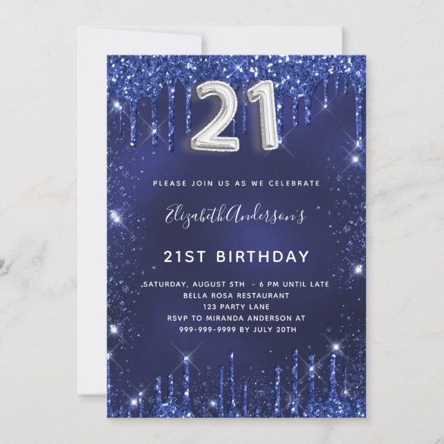 Invitación 21° cumpleaños purpurina de plata azul marina glam (Anverso)