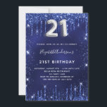 Invitación 21° cumpleaños purpurina de plata azul marina glam<br><div class="desc">Una invitación moderna,  elegante y glamurosa para un fiesta de 21 años. Un fondo azul marino,  decorado con un polvo falso purpurina. El color azul es desigual. Personalice y agregue su nombre y detalles del fiesta. El número 21 está escrito con un tipo de letra,  guión,  color plata.</div>