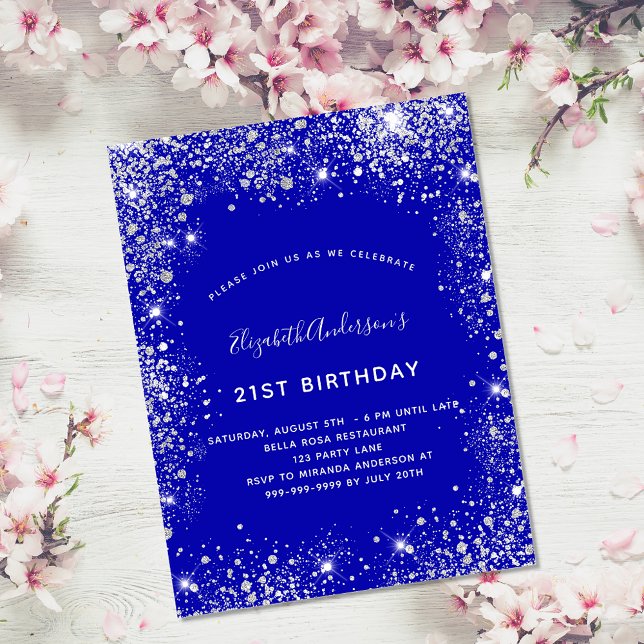 Invitación 21° cumpleaños purpurina real de plata azul (Subido por el creador)