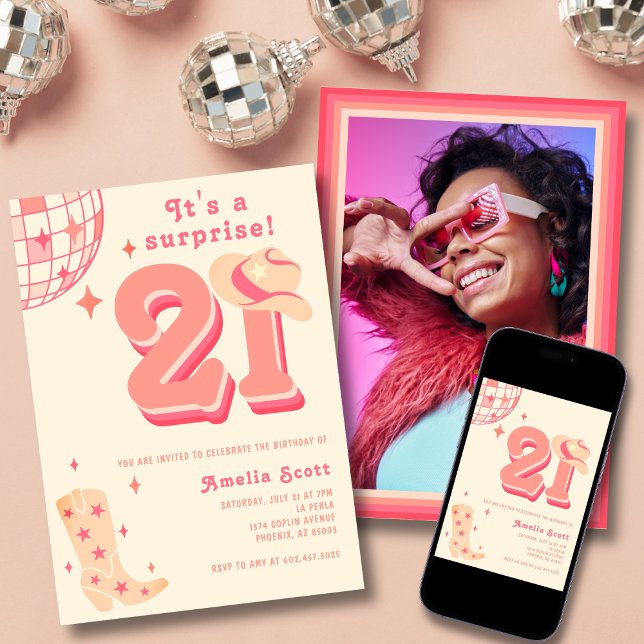 Invitación 21 cumpleaños Retro Disco Cowgirl Photo Peach Rosa (Subido por el creador)