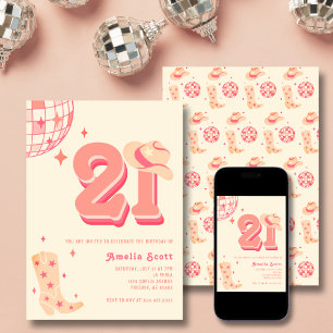Invitación 21 cumpleaños Retro Disco Cowgirl Rodeo Peach Rosa