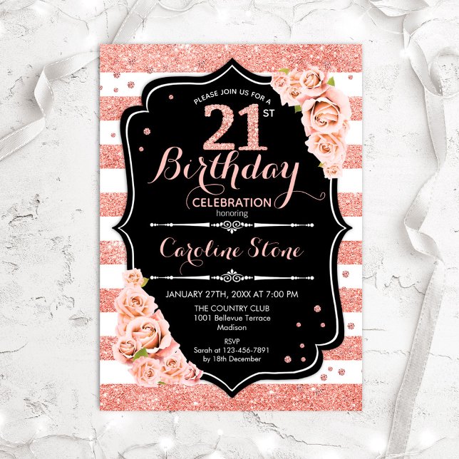 Invitación 21 cumpleaños Rosa negro de oro y franjas blancas (Subido por el creador)