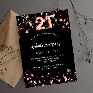 Invitación 21 cumpleaños rosa negro estrellas de oro lujo